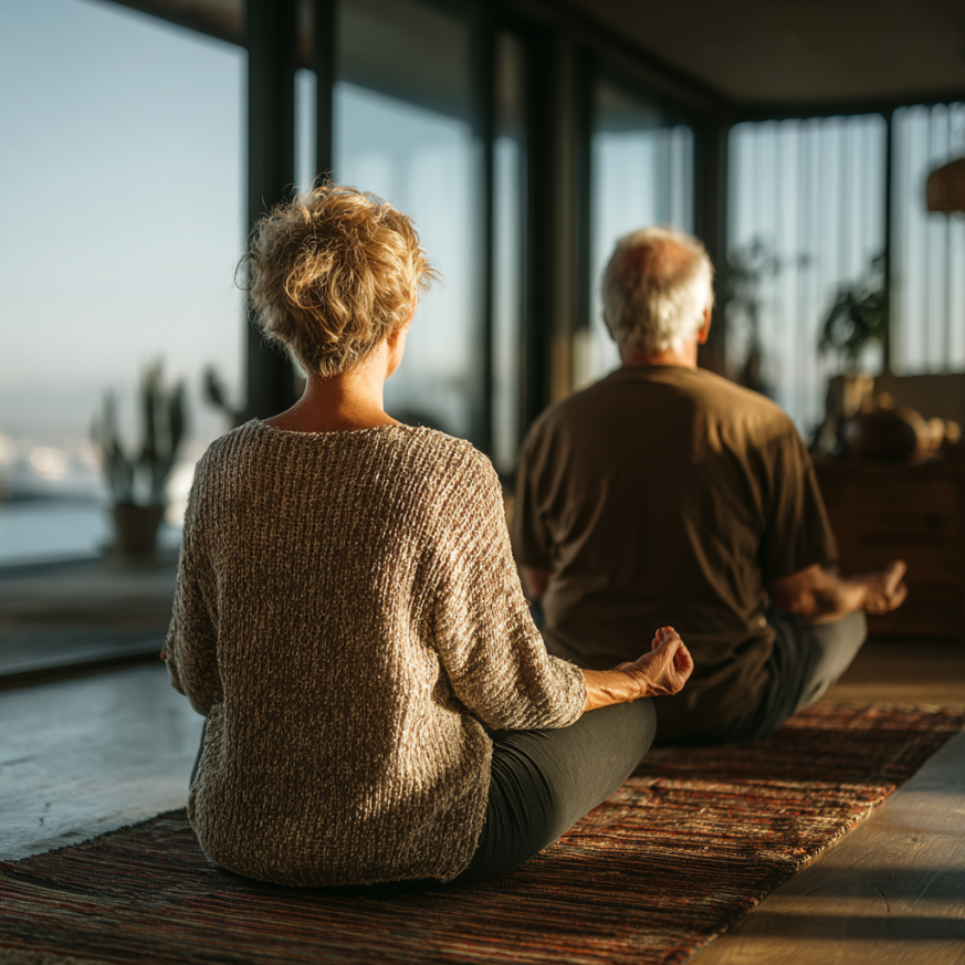 Grup de seniori practicând yoga